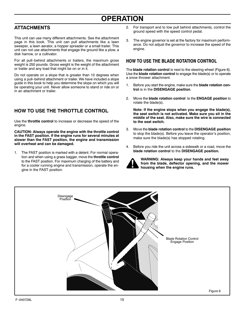 Operation, Attachments, How to use the throttle control | How to use the blade rotation control | Murray 425620x92A User Manual | Page 15 / 52