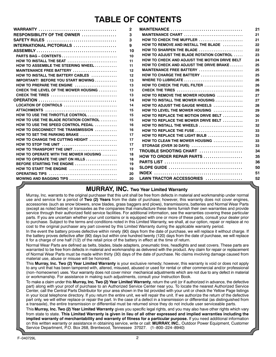 Murray 425620x92A User Manual | Page 2 / 52