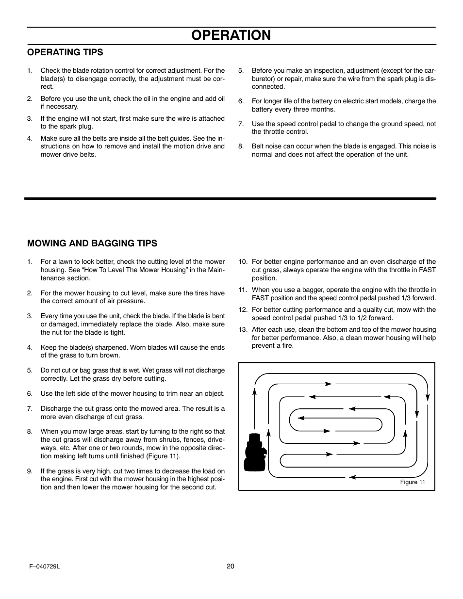 Operation, Operating tips, Mowing and bagging tips | Murray 425620x92A User Manual | Page 20 / 52