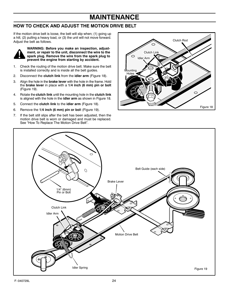Maintenance, How to check and adjust the motion drive belt | Murray 425620x92A User Manual | Page 24 / 52