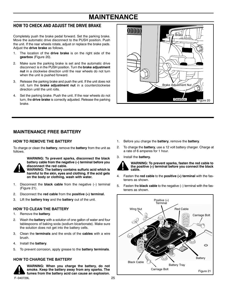 Maintenance, How to check and adjust the drive brake, Maintenance free battery | Murray 425620x92A User Manual | Page 25 / 52