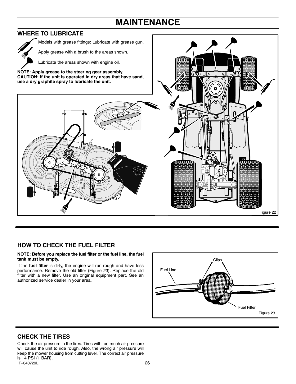 Maintenance, Where to lubricate, How to check the fuel filter | Check the tires | Murray 425620x92A User Manual | Page 26 / 52