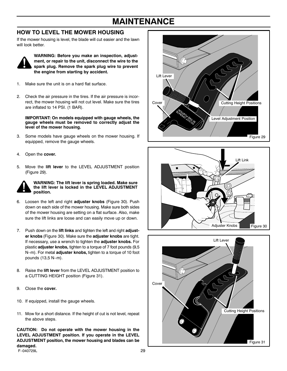 Maintenance, How to level the mower housing | Murray 425620x92A User Manual | Page 29 / 52