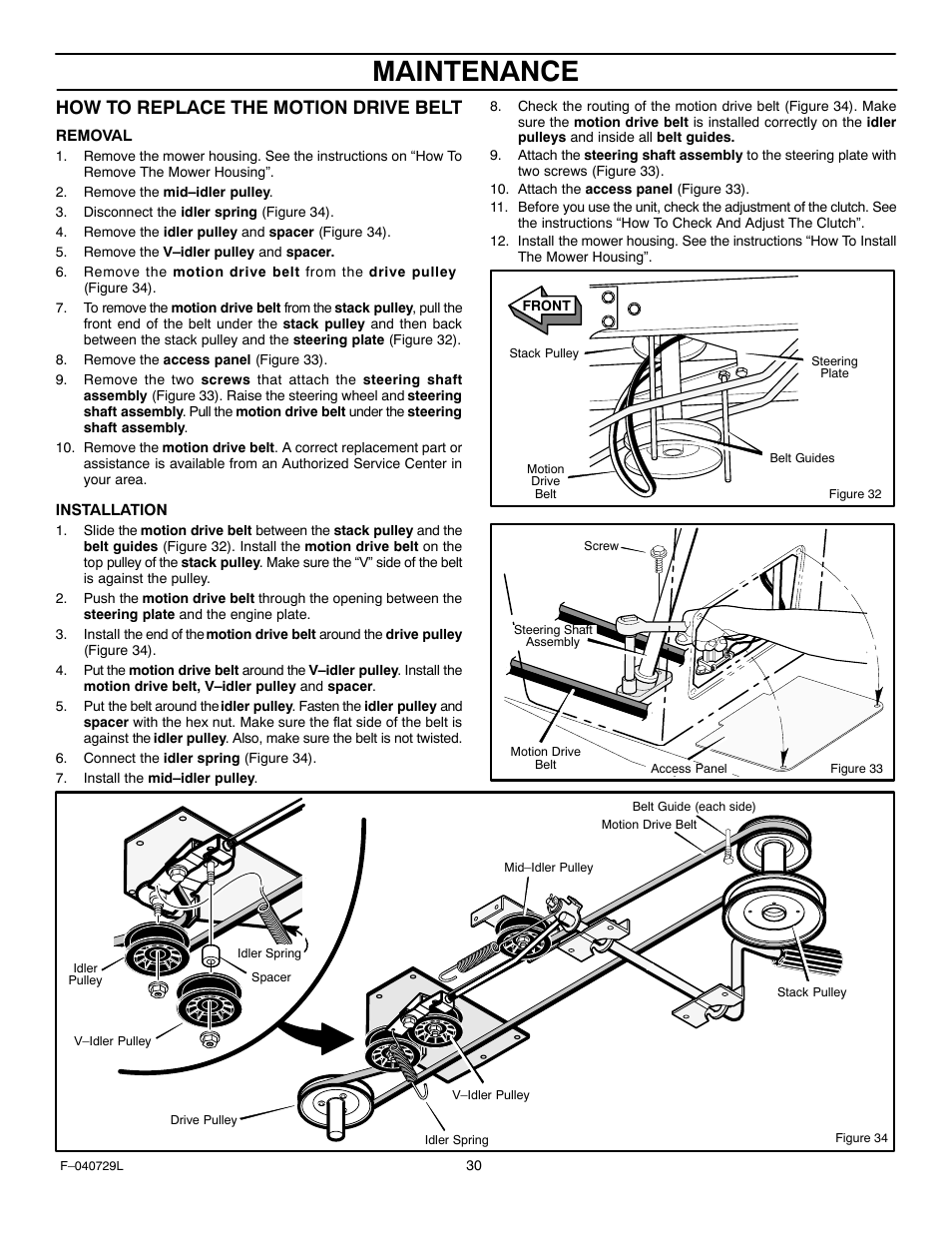 Maintenance, How to replace the motion drive belt | Murray 425620x92A User Manual | Page 30 / 52