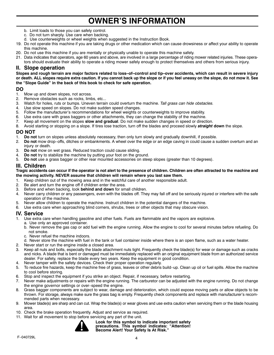 Owner’s information, Ii. slope operation, Iii. children | Iv. service | Murray 425620x92A User Manual | Page 4 / 52