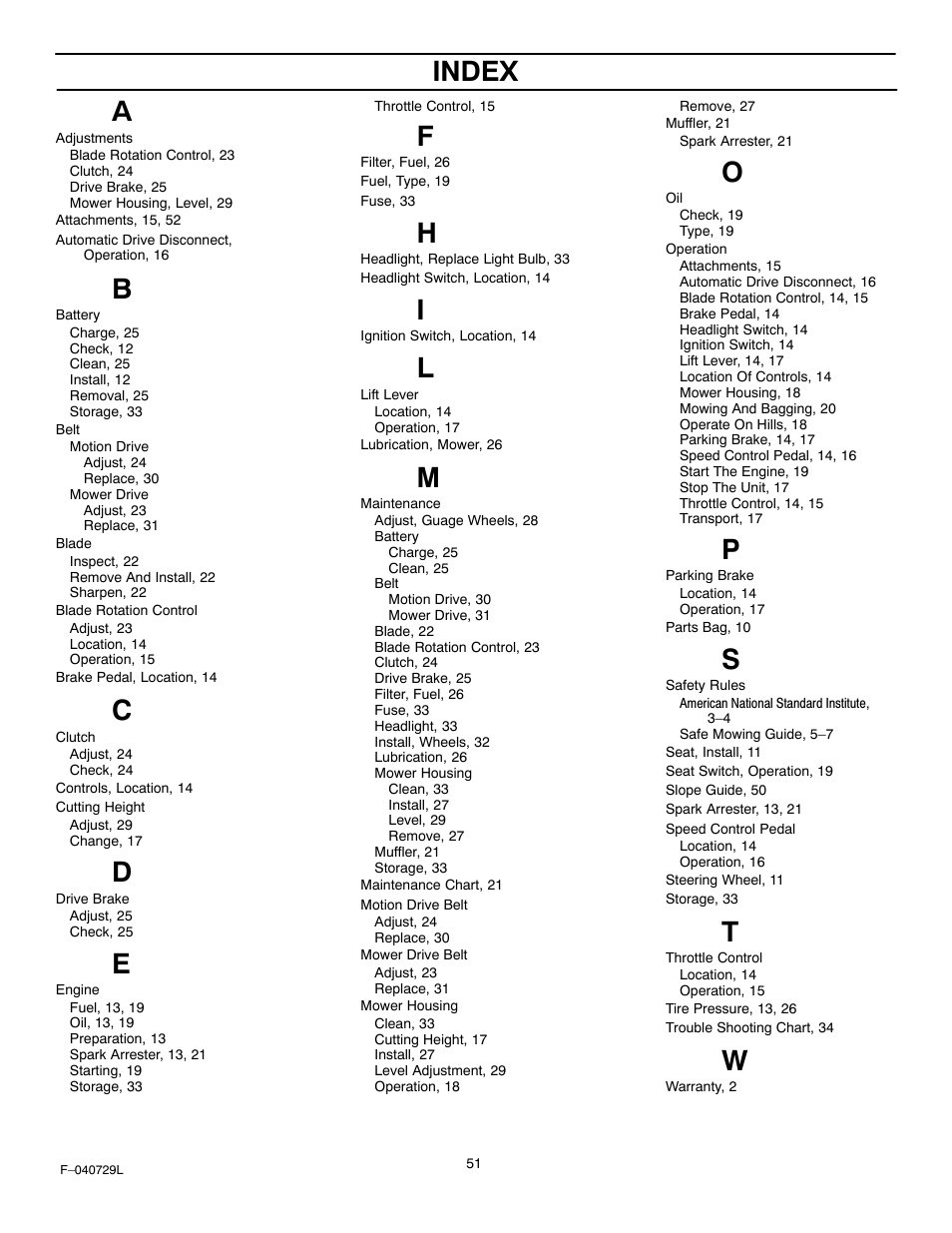 Index | Murray 425620x92A User Manual | Page 51 / 52