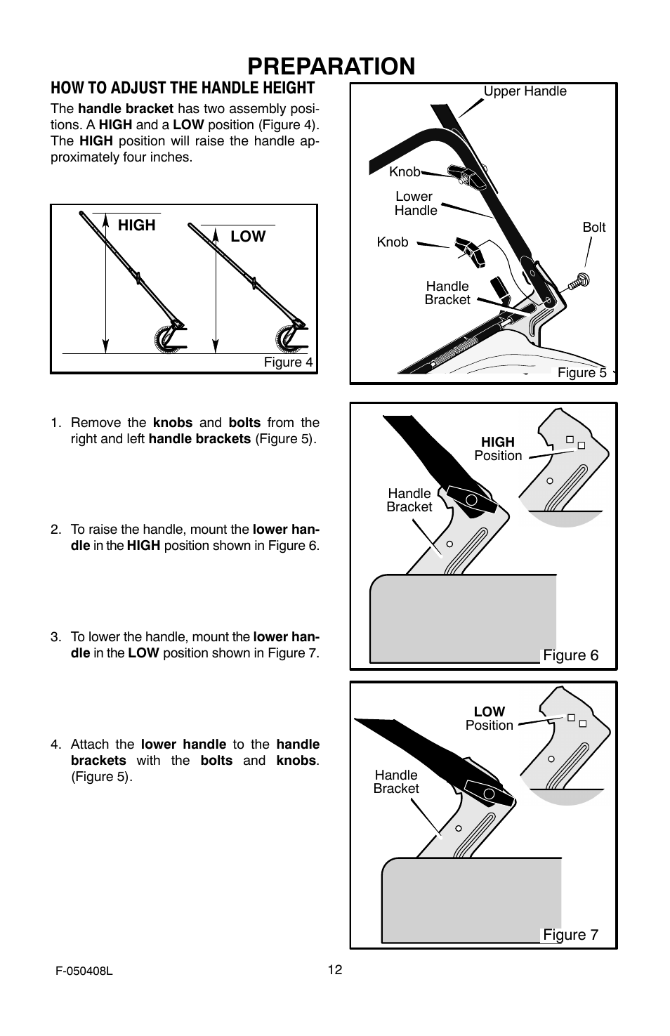 Preparation, How to adjust the handle height | Murray 22" Self-Propelled User Manual | Page 12 / 40