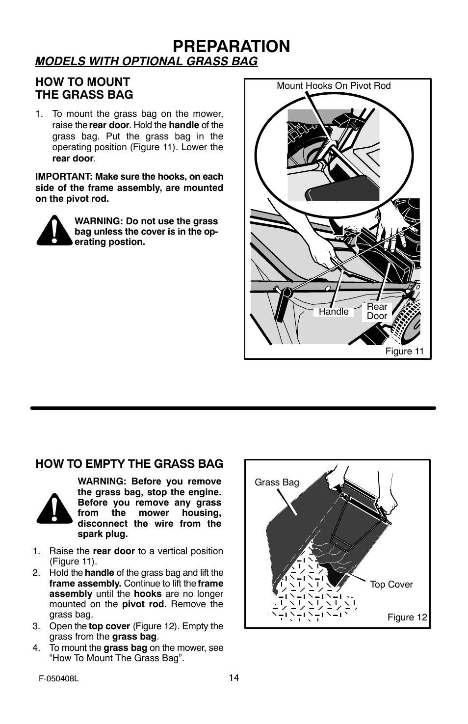 Preparation, How to empty the grass bag | Murray 22" Self-Propelled User Manual | Page 14 / 40