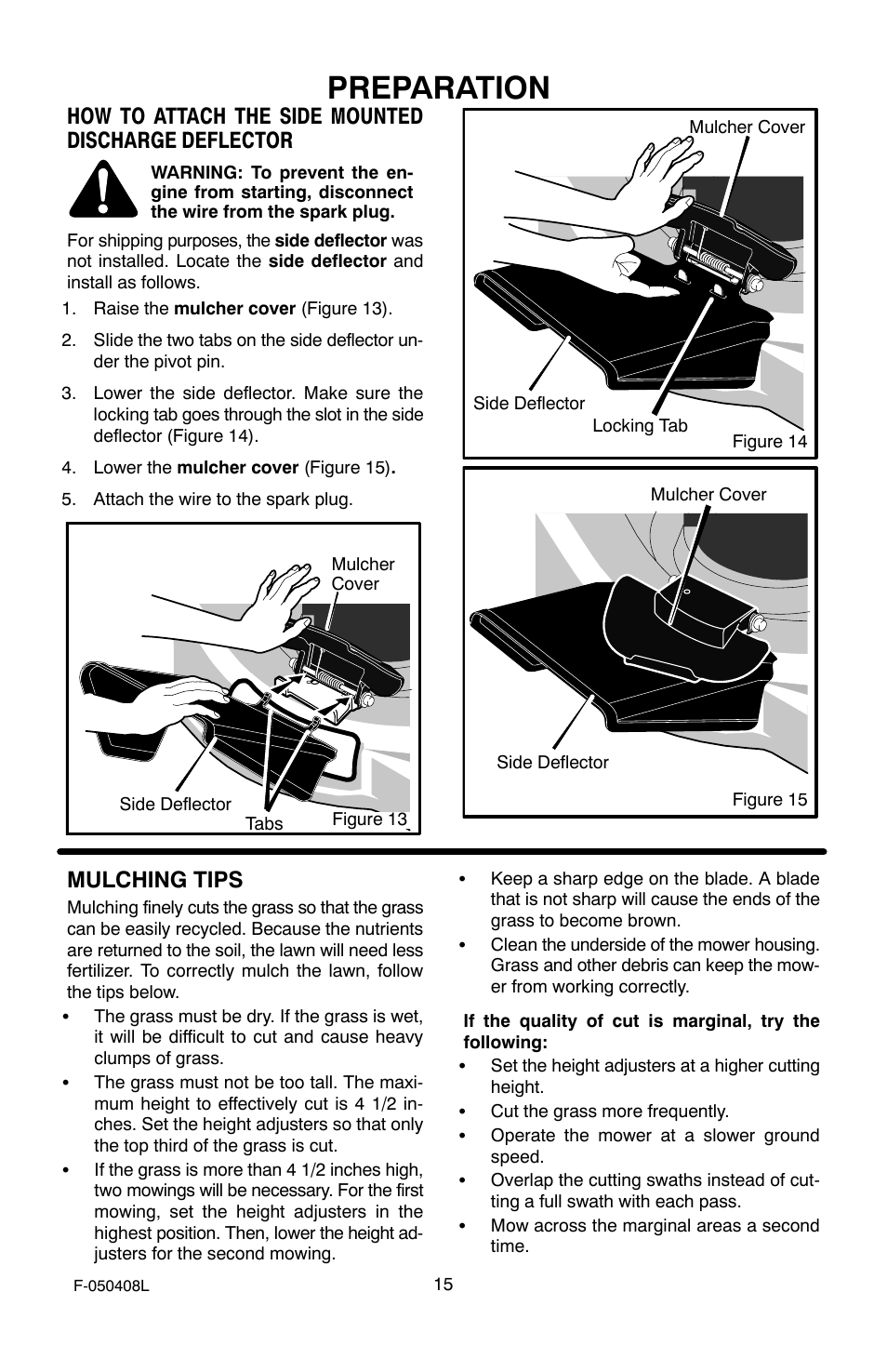 Preparation, How to attach the side mounted discharge deflector, Mulching tips | Murray 22" Self-Propelled User Manual | Page 15 / 40