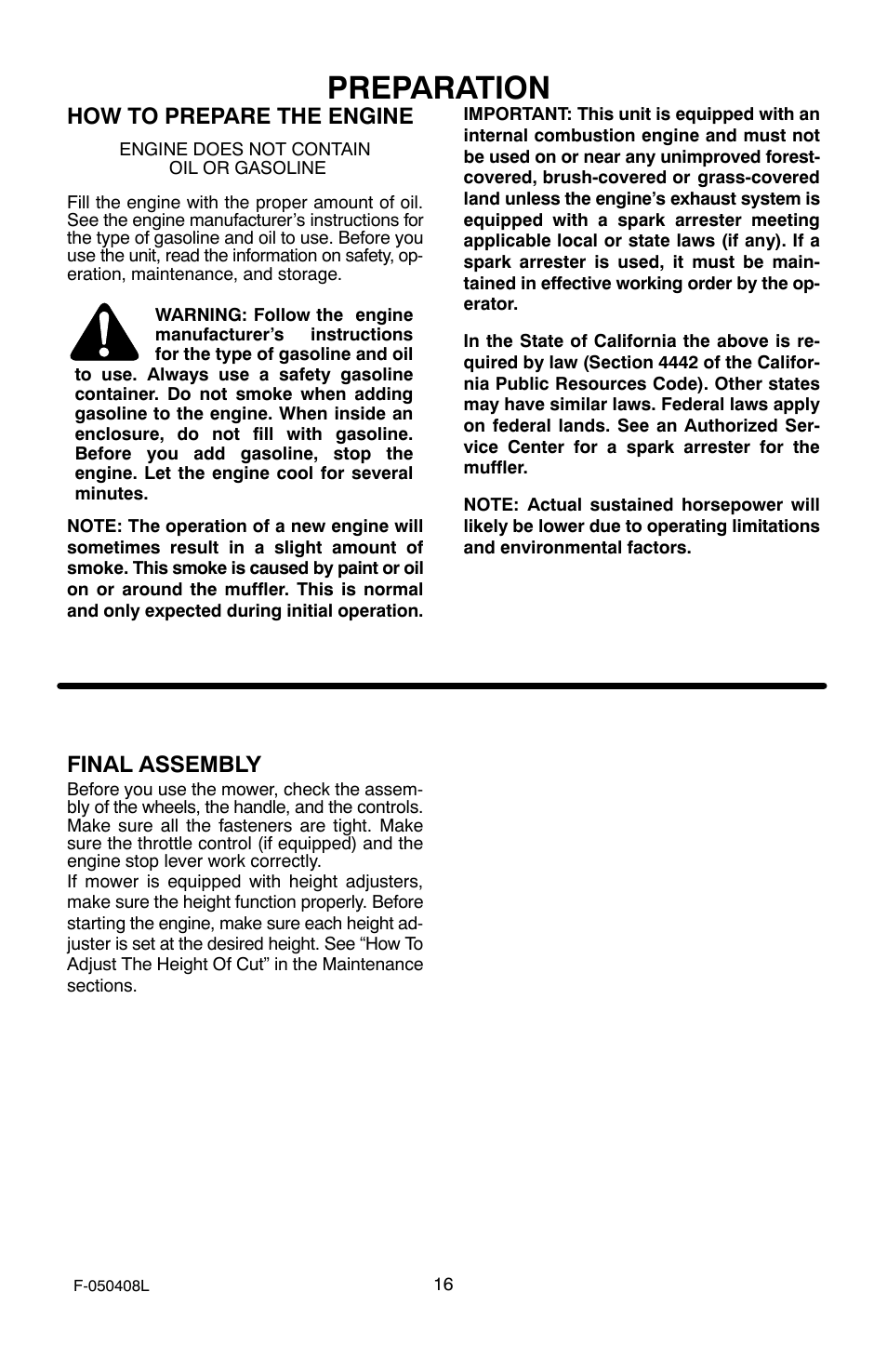 Preparation, How to prepare the engine, Final assembly | Murray 22" Self-Propelled User Manual | Page 16 / 40