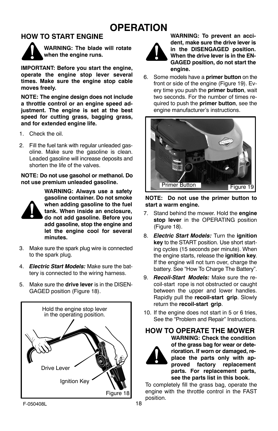 Operation, How to start engine, How to operate the mower | Murray 22" Self-Propelled User Manual | Page 18 / 40