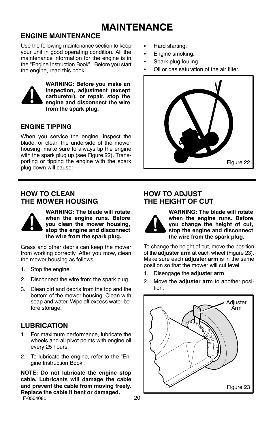 Maintenance, Engine maintenance, How to clean the mower housing | Lubrication, How to adjust the height of cut | Murray 22" Self-Propelled User Manual | Page 20 / 40