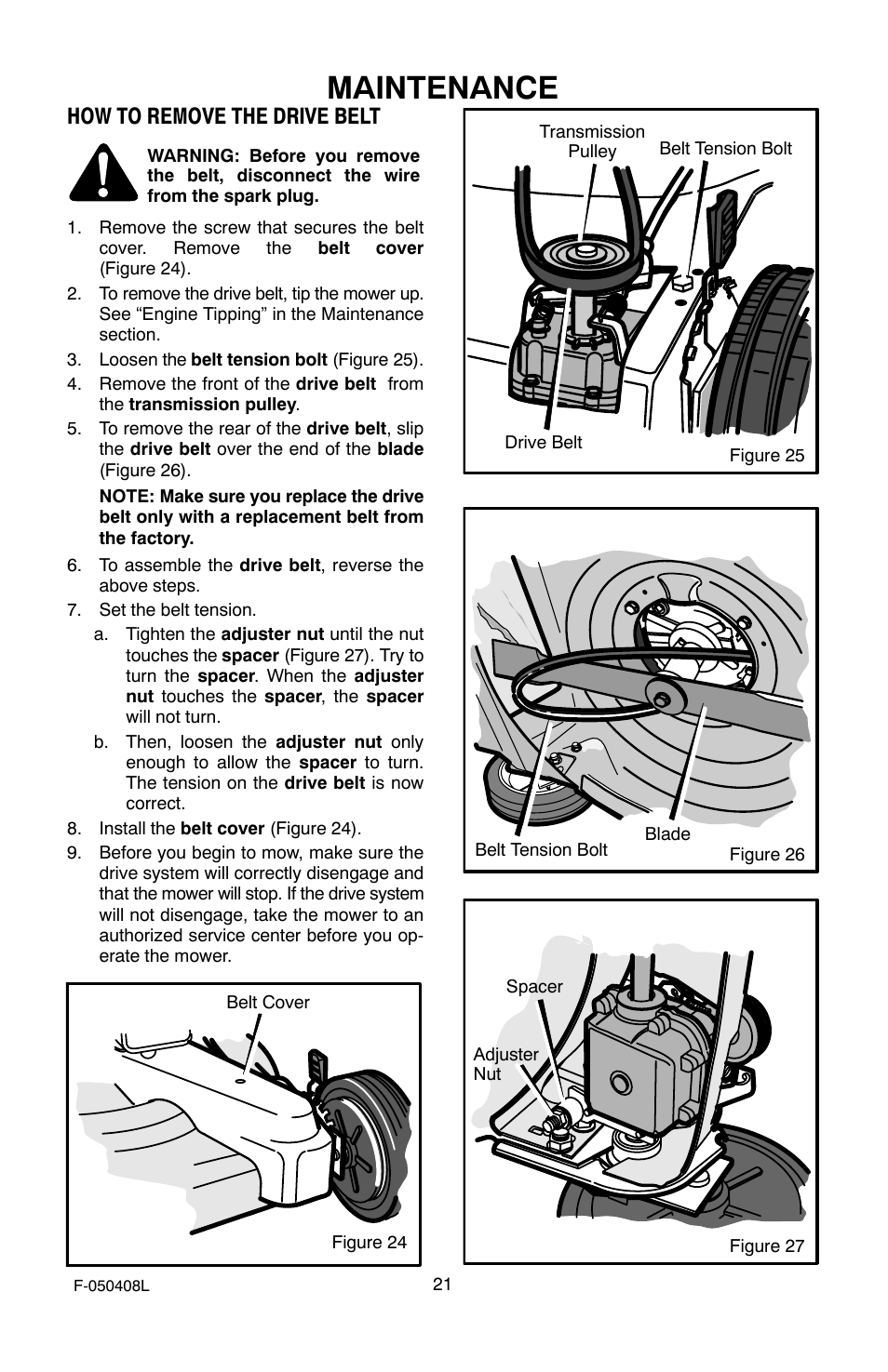 Maintenance, How to remove the drive belt | Murray 22" Self-Propelled User Manual | Page 21 / 40