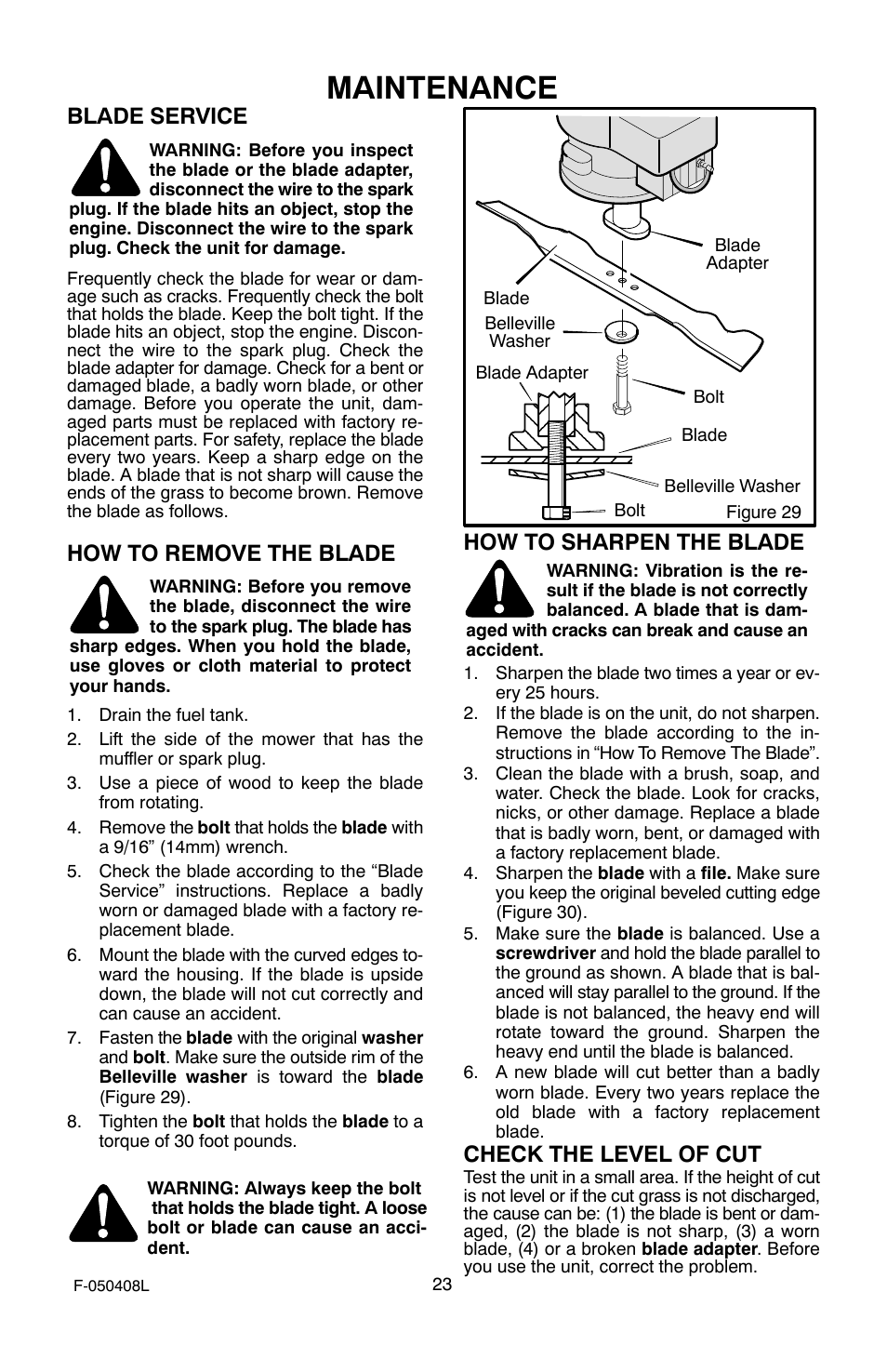 Maintenance, Blade service, How to remove the blade | How to sharpen the blade, Check the level of cut | Murray 22" Self-Propelled User Manual | Page 23 / 40