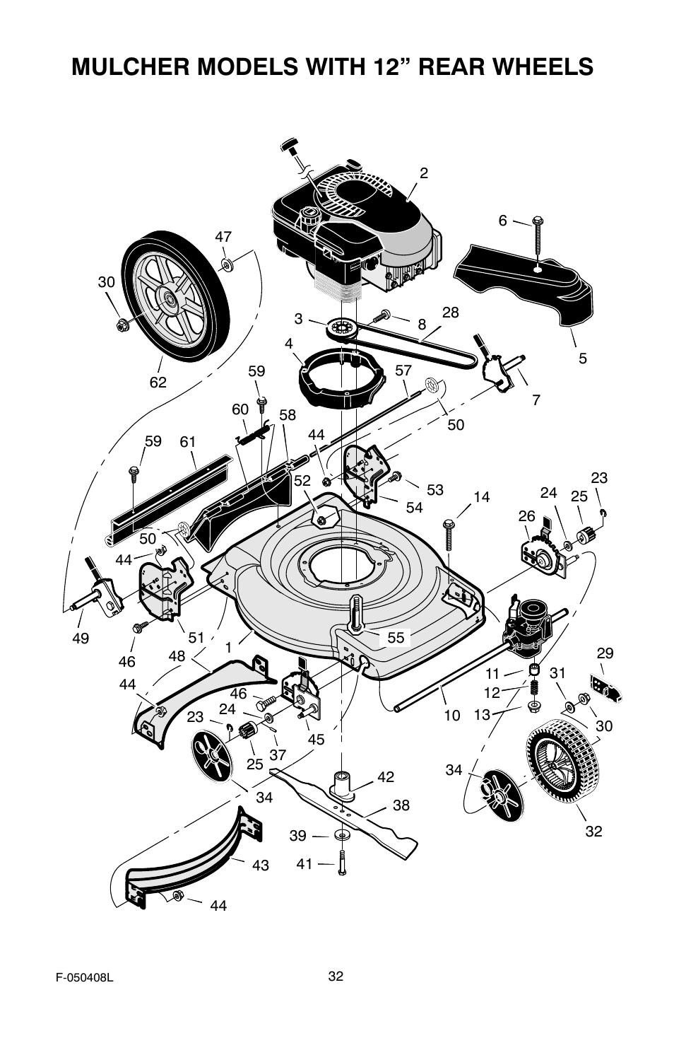 Mulcher models with 12” rear wheels | Murray 22" Self-Propelled User Manual | Page 32 / 40