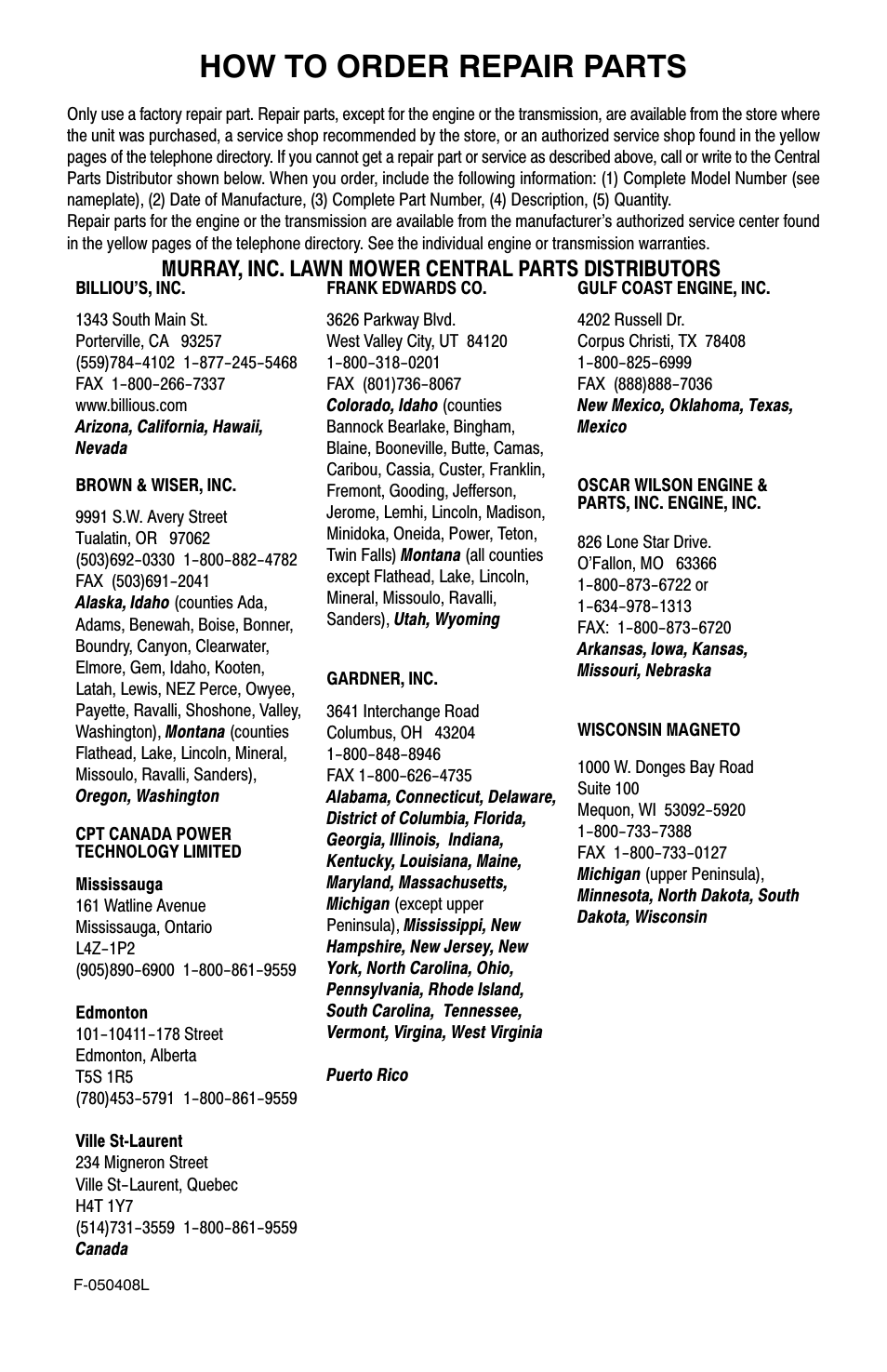 How to order repair parts, Murray, inc. lawn mower central parts distributors | Murray 22" Self-Propelled User Manual | Page 40 / 40