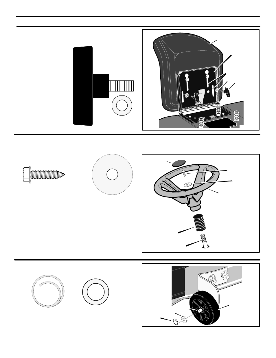 Assembly, How to install the seat, How to assemble the steering wheel | How to assemble the gauge wheels | Murray 465609x24A User Manual | Page 11 / 56