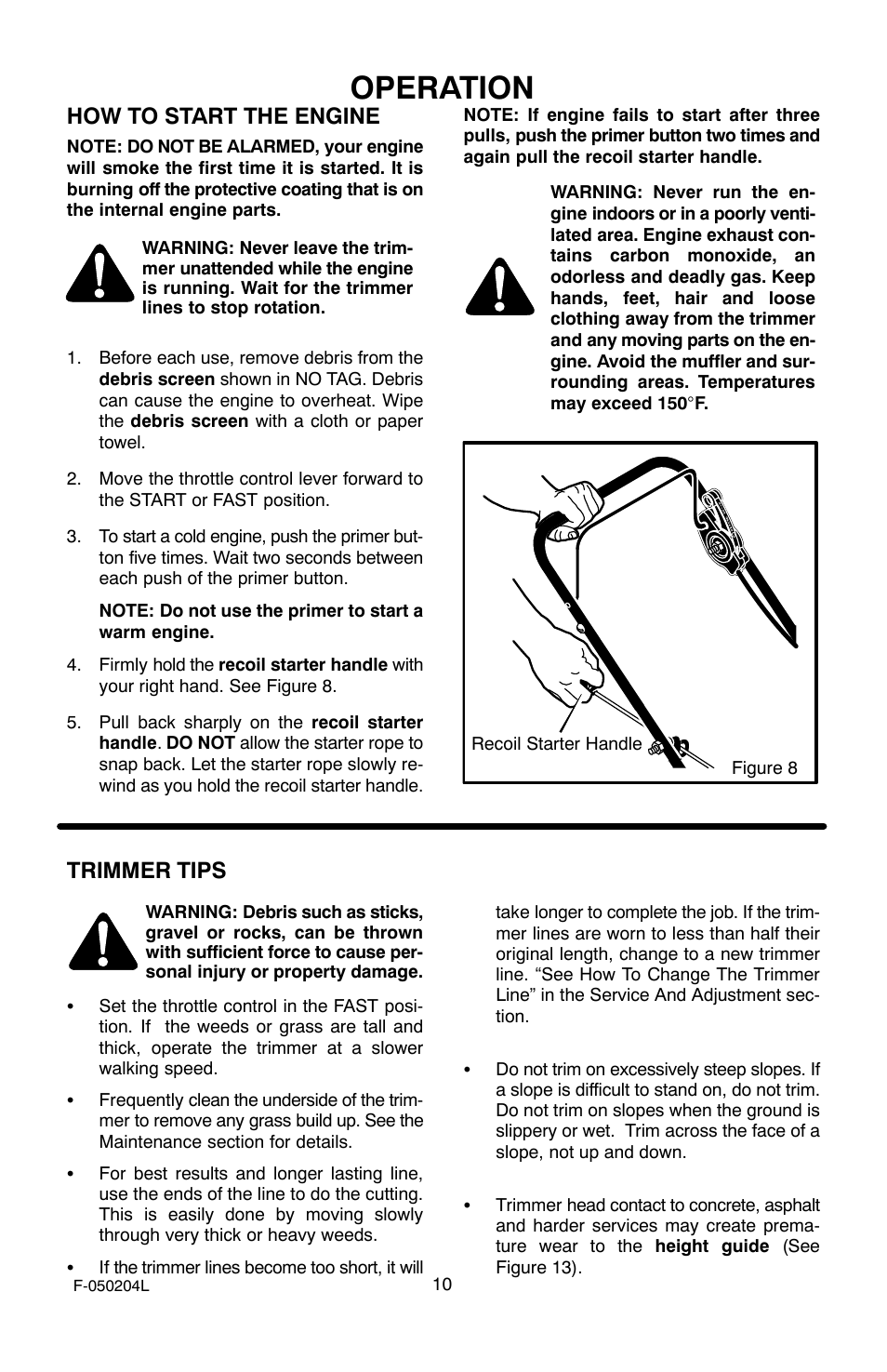 Operation, How to start the engine, Trimmer tips | Murray TM6100X5A User Manual | Page 10 / 24