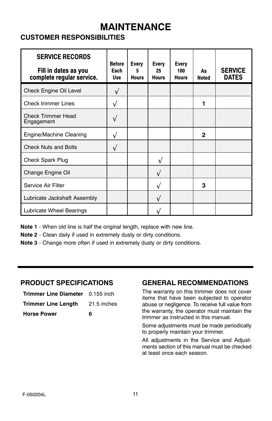 Maintenance | Murray TM6100X5A User Manual | Page 11 / 24