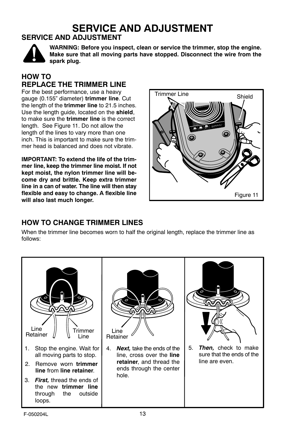 Service and adjustment, How to replace the trimmer line, How to change trimmer lines | Murray TM6100X5A User Manual | Page 13 / 24