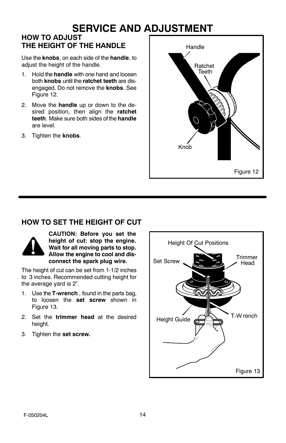 Service and adjustment, How to adjust the height of the handle, How to set the height of cut | Murray TM6100X5A User Manual | Page 14 / 24