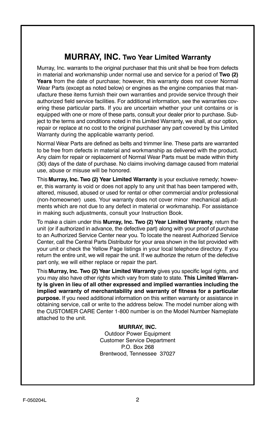 Murray, inc, Two year limited warranty | Murray TM6100X5A User Manual | Page 2 / 24