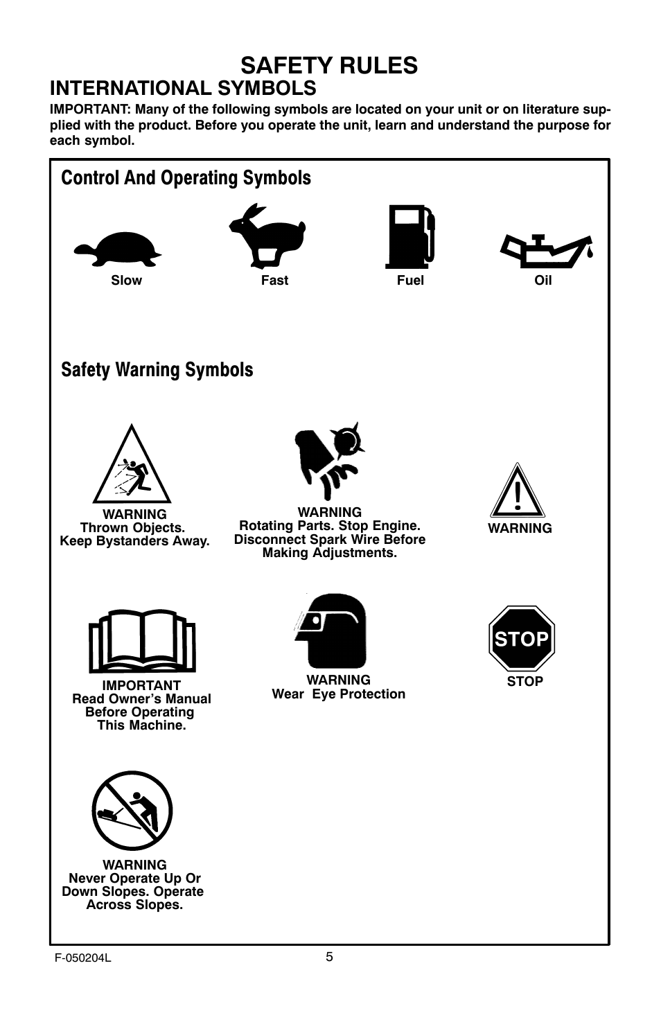 Safety rules, International symbols, Control and operating symbols | Safety warning symbols | Murray TM6100X5A User Manual | Page 5 / 24