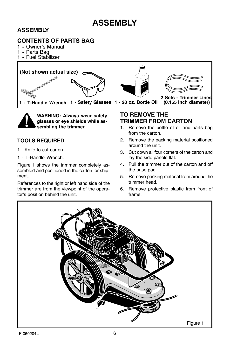 Assembly, Assembly contents of parts bag | Murray TM6100X5A User Manual | Page 6 / 24