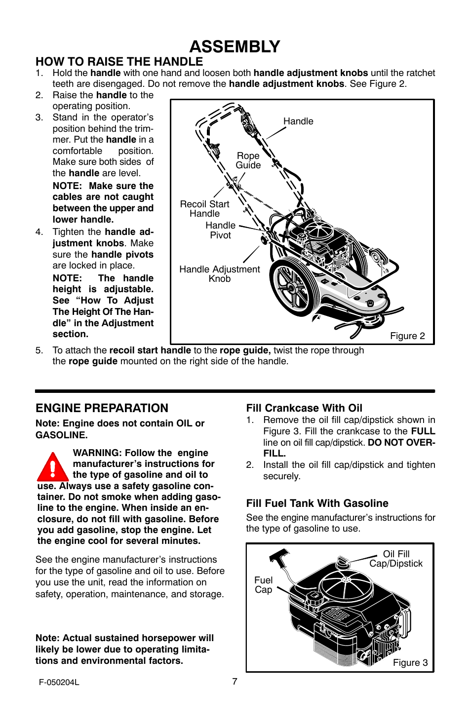Assembly, How to raise the handle, Engine preparation | Murray TM6100X5A User Manual | Page 7 / 24