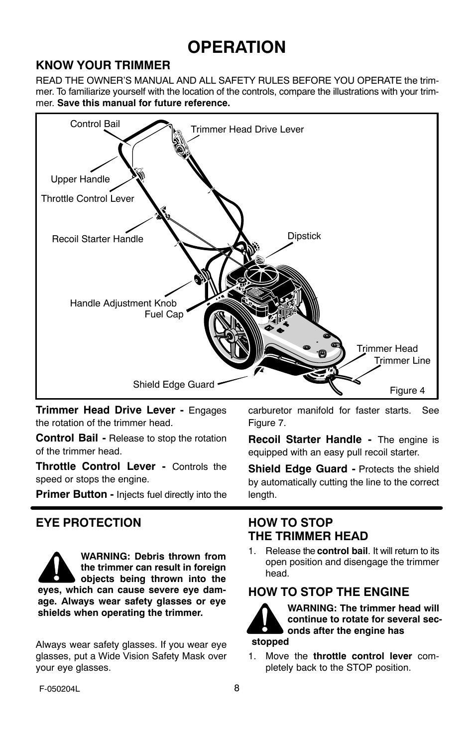 Operation, Know your trimmer, Eye protection | How to stop the trimmer head, How to stop the engine | Murray TM6100X5A User Manual | Page 8 / 24