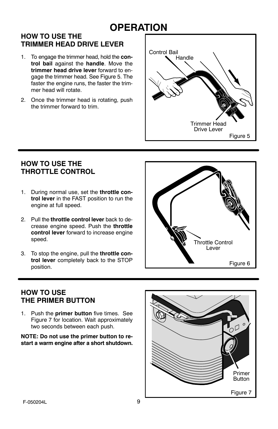 Operation, How to use the trimmer head drive lever, How to use the throttle control | How to use the primer button | Murray TM6100X5A User Manual | Page 9 / 24