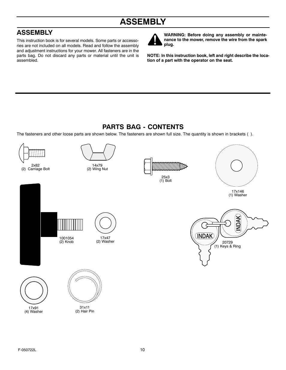 Assembly, Parts bag - contents | Murray 425001x99A User Manual | Page 10 / 56