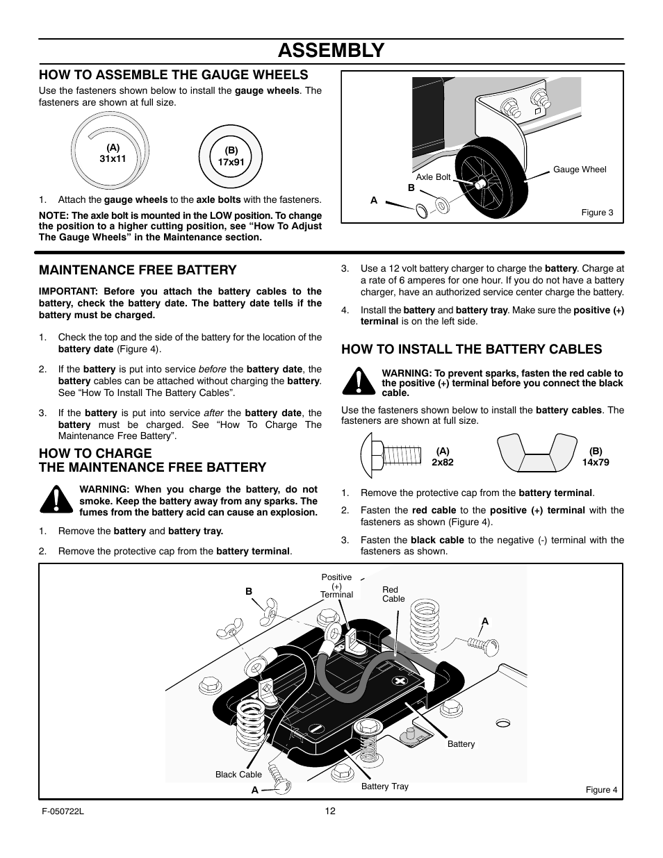 Assembly, How to assemble the gauge wheels, Maintenance free battery | How to charge the maintenance free battery, How to install the battery cables | Murray 425001x99A User Manual | Page 12 / 56