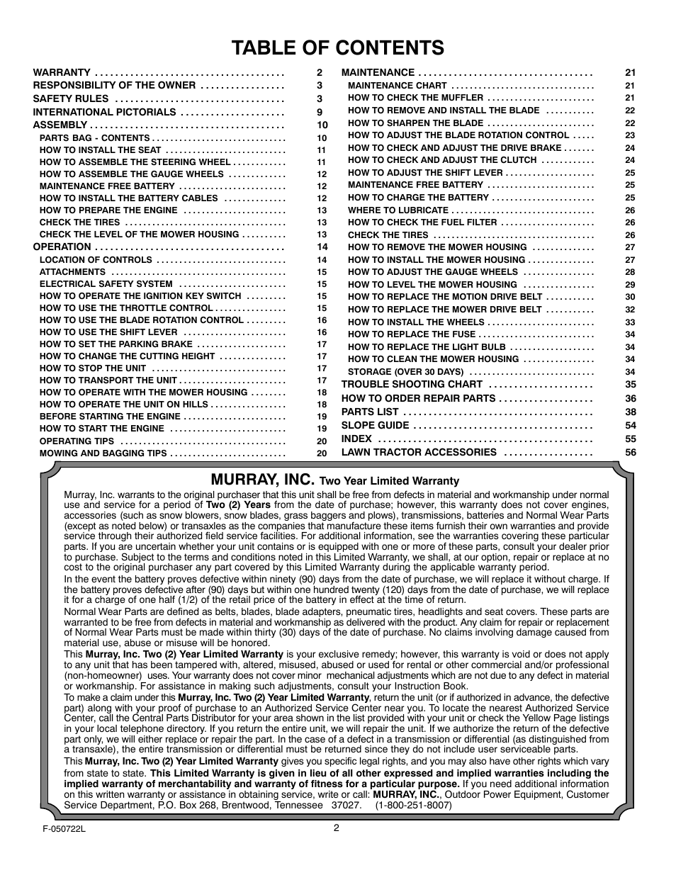 Murray 425001x99A User Manual | Page 2 / 56