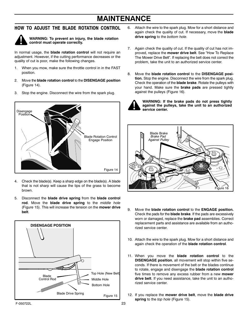 Maintenance, How to adjust the blade rotation control | Murray 425001x99A User Manual | Page 23 / 56