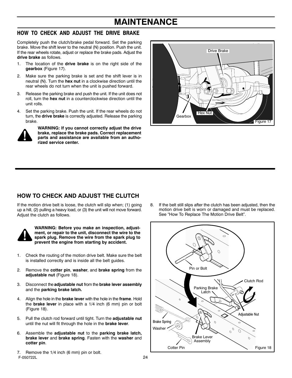 Maintenance, How to check and adjust the drive brake, How to check and adjust the clutch | Murray 425001x99A User Manual | Page 24 / 56