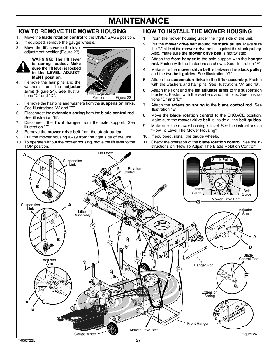 Maintenance, How to remove the mower housing, How to install the mower housing | Murray 425001x99A User Manual | Page 27 / 56