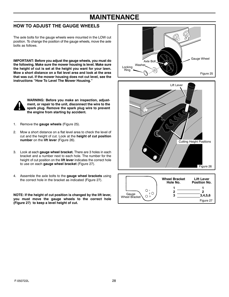 Maintenance, How to adjust the gauge wheels | Murray 425001x99A User Manual | Page 28 / 56