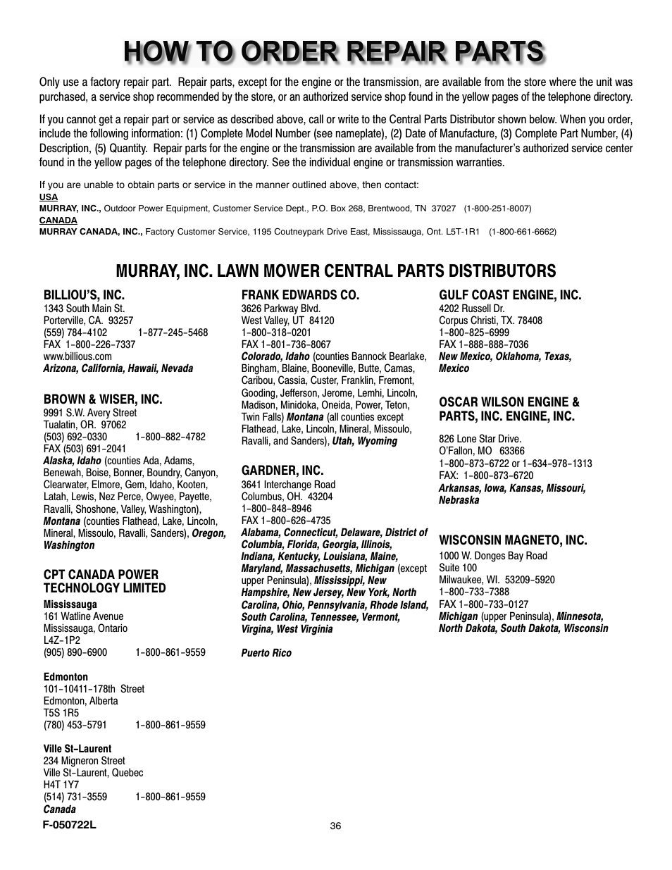 Murray, inc. lawn mower central parts distributors | Murray 425001x99A User Manual | Page 36 / 56