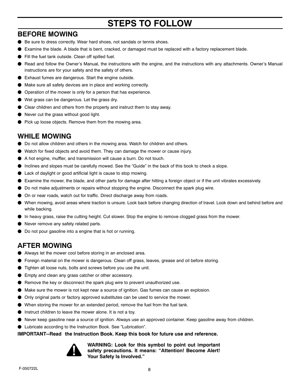 Steps to follow, Before mowing, While mowing | After mowing | Murray 425001x99A User Manual | Page 8 / 56