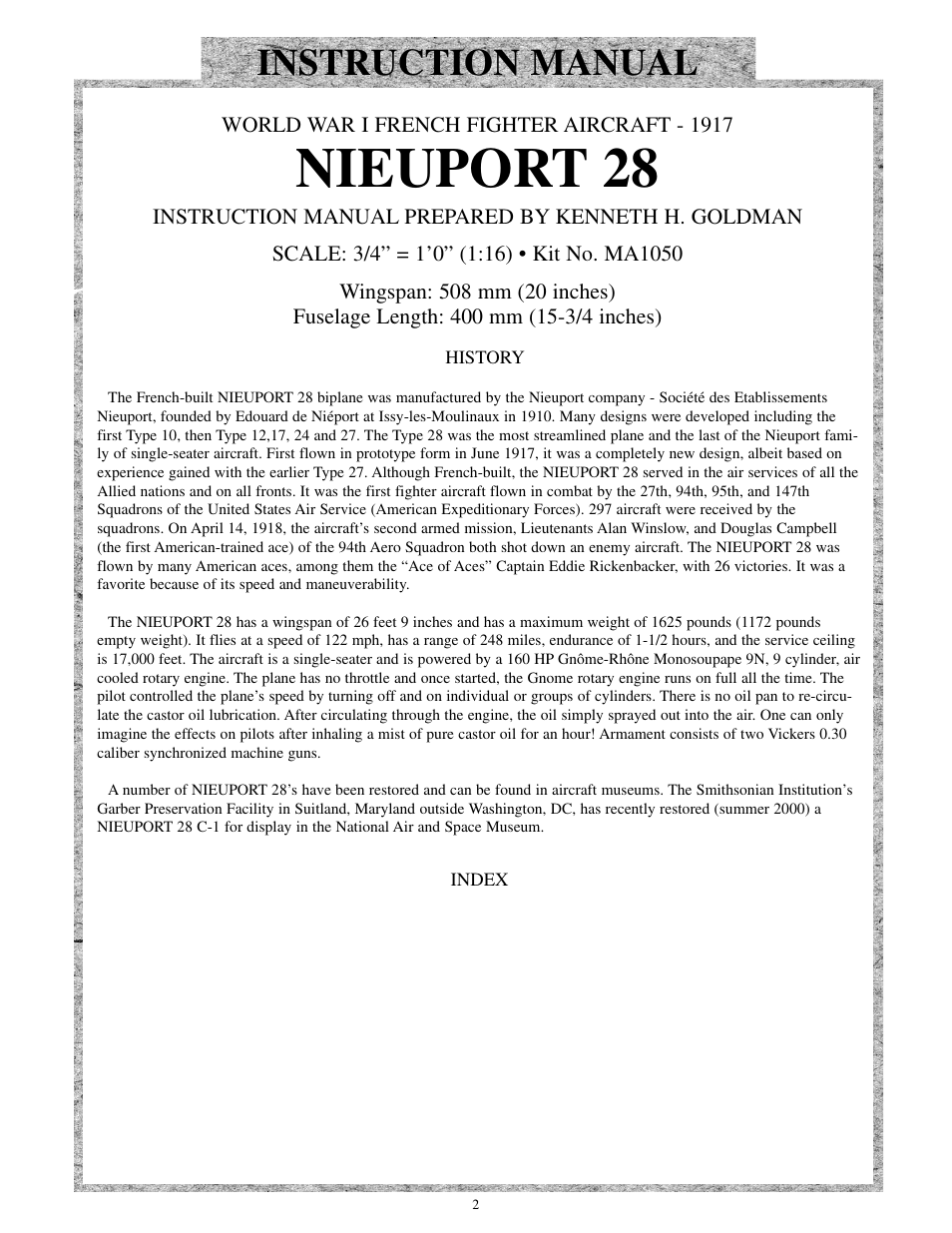 Nieuport 28, Instruction manual | Model Shipways 28 User Manual | Page 2 / 31