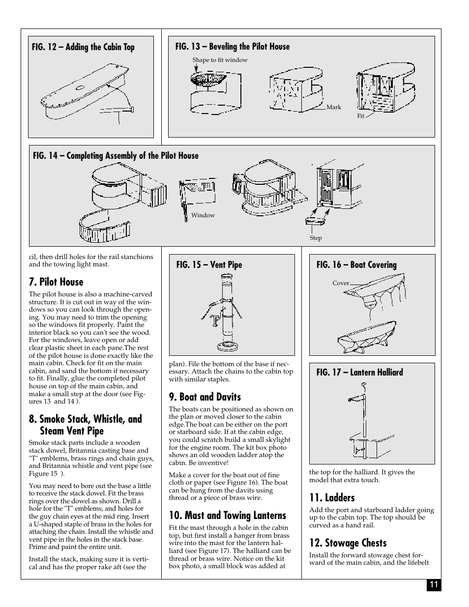 Pilot house, Smoke stack, whistle, and steam vent pipe, Boat and davits | Mast and towing lanterns, Ladders, Stowage chests | Model Shipways 2021 User Manual | Page 11 / 16