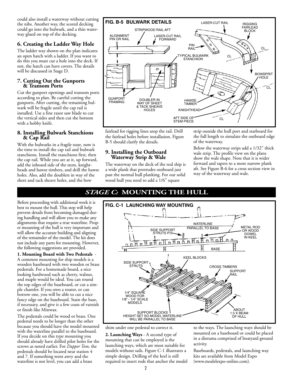 Stage c: mounting the hull, Creating the ladder way hole, Cutting out the gunports & transom ports | Installing bulwark stanchions & cap rail, Installing the outboard waterway strip & wale | Model Shipways 2003 User Manual | Page 7 / 24