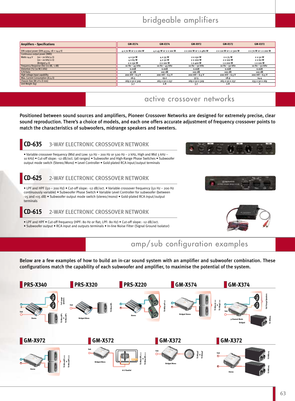 Bridgeable amplifiers active crossover networks, Amp/sub configuration examples, Cd-635 | Cd-625, Cd-615, Way electronic crossover network | Pioneer Reference Series DEX-P9R User Manual | Page 13 / 52