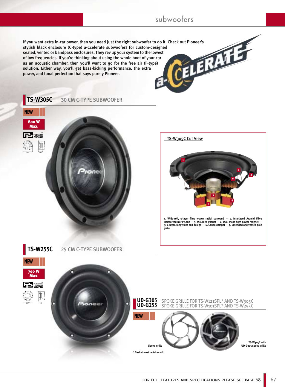 Subwoofers, Ts-w305c, Ts-w255c | 30 cm c-type subwoofer, 25 cm c-type subwoofer | Pioneer Reference Series DEX-P9R User Manual | Page 17 / 52