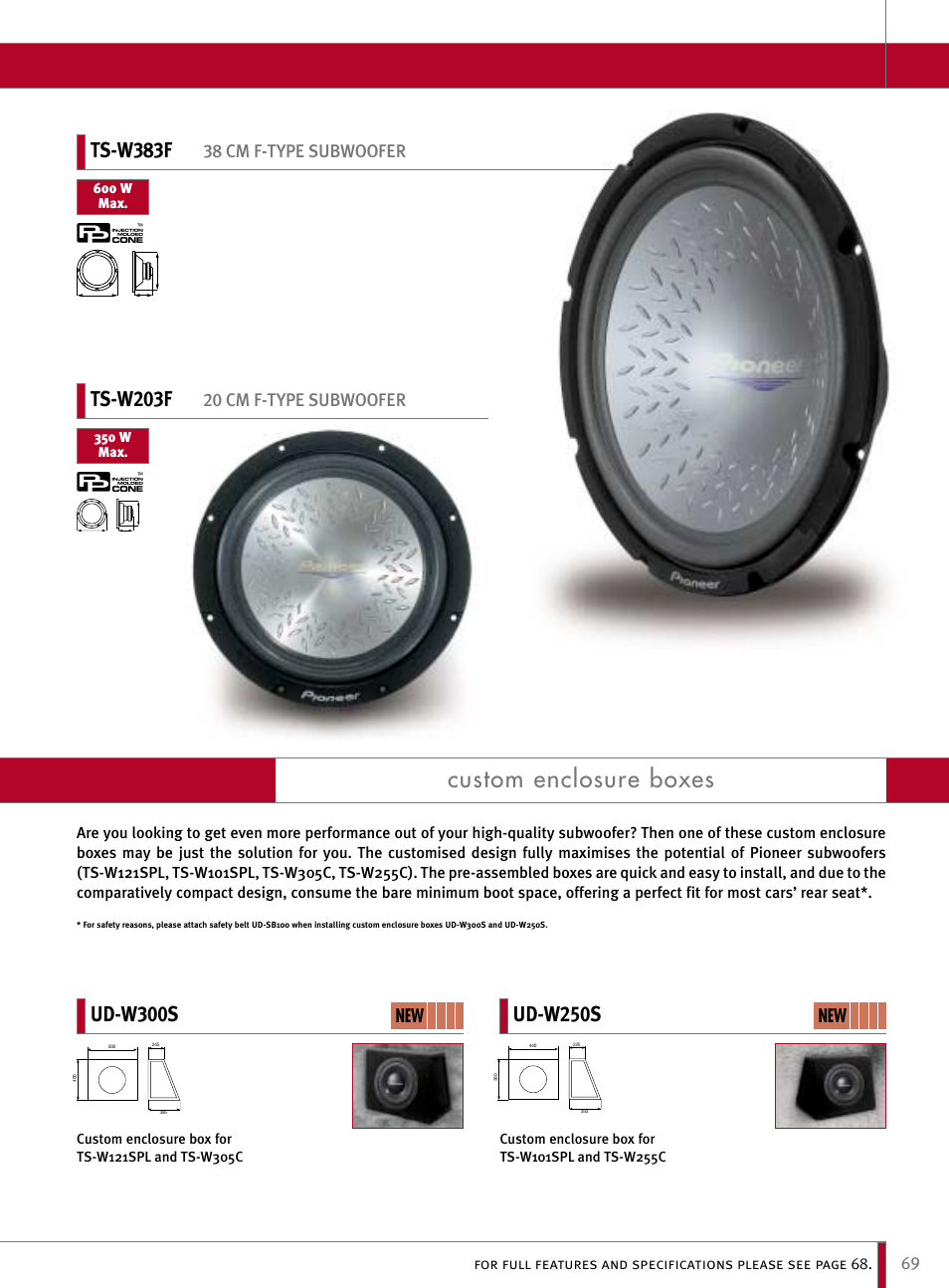 Custom enclosure boxes, Ts-w383f, Ts-w203f | 38 cm f-type subwoofer, 20 cm f-type subwoofer | Pioneer Reference Series DEX-P9R User Manual | Page 19 / 52