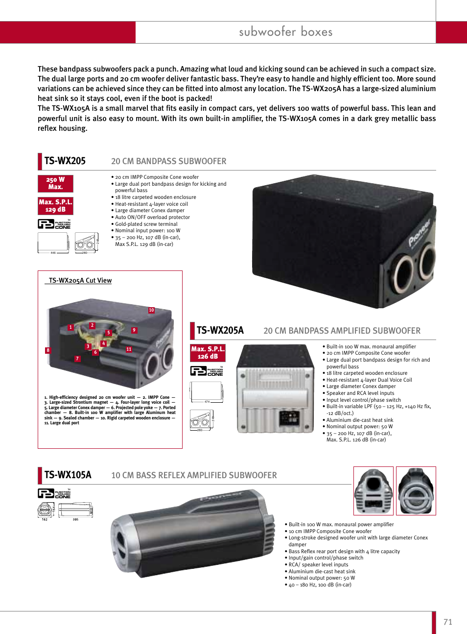 Subwoofer boxes, Ts-wx205, Ts-wx105a | Ts-wx205a, 20 cm bandpass subwoofer, 10 cm bass reflex amplified subwoofer, 20 cm bandpass amplified subwoofer | Pioneer Reference Series DEX-P9R User Manual | Page 21 / 52