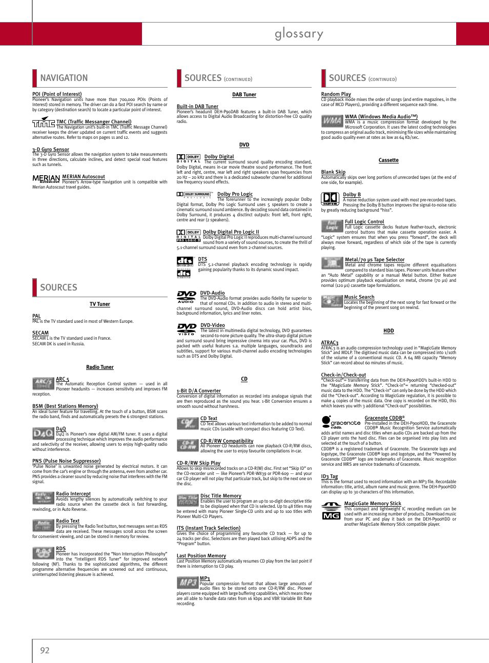 Glossary, Navigation sources, Sources | Pioneer Reference Series DEX-P9R User Manual | Page 42 / 52