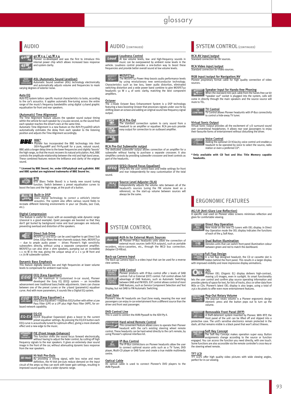 Glossary, Ergonomic features, Audio | System control | Pioneer Reference Series DEX-P9R User Manual | Page 43 / 52