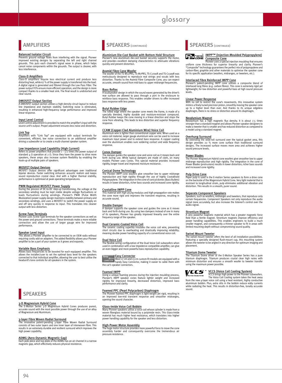 Glossary, Amplifiers speakers, Speakers | Pioneer Reference Series DEX-P9R User Manual | Page 44 / 52